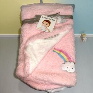 Blankets & Beyond Baby Girl Blanket Happy Clouds Pink White Soft Fleece NWT